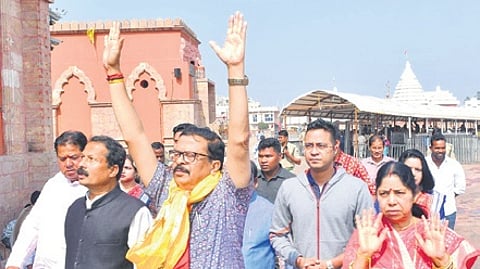 Revenue minister Suresh Pujari along with his family at Shree Jagannath Temple, Puri, on Monday
