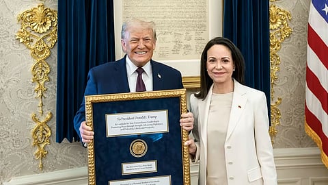 US President Donald Trump met with María Corina Machado of Venezuela in the Oval Office, during which she presented him with her Nobel Peace Prize, on January 15