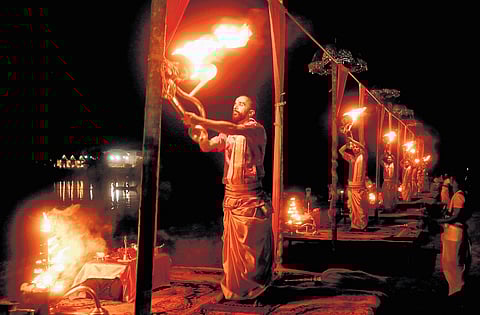 A ceremonial river aarti along the ghats of Bharathapuzha.