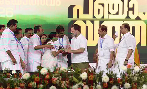 Congress leader Rahul Gandhi greets Aisha Potti, former Kottarakara MLA who joined the Congress party in January 2026.