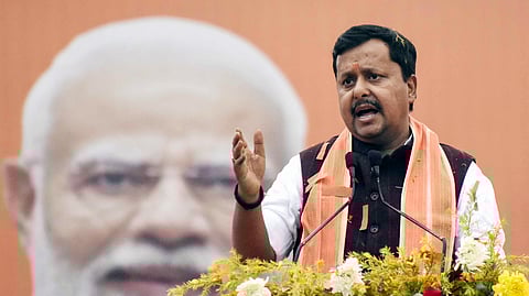 In this photo from Dec 23, 2025, BJP National Working President Nitin Nabin addresses an event in Patna.