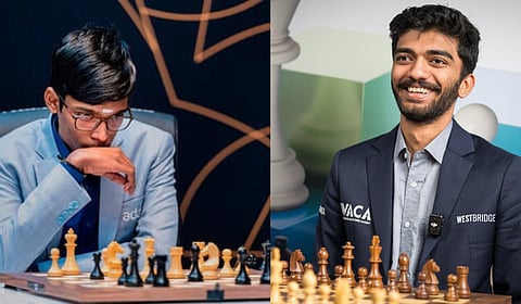Defending champion R Praggnanandhaa (L) lost to Nodirbek Abdusattorov of Uzbekistan, while Gukesh was held to a draw by van Foreest in another hard-fought game.