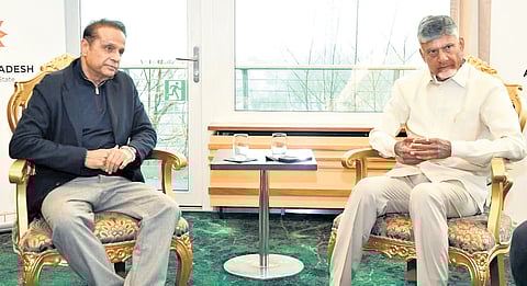 Chairman of Eros Innovation Kishore Lulla meets CM Naidu in Zurich.