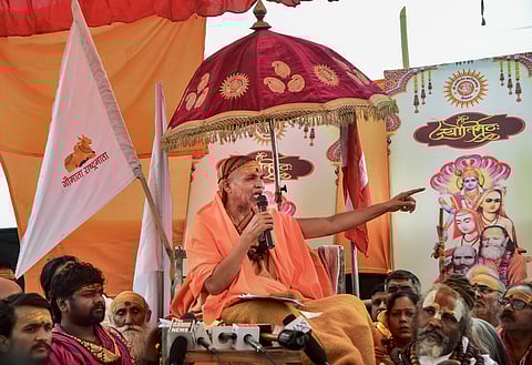 Shankaracharya Swami Avimukteshwaranand Saraswati addresses the media, a day after police stopped him from proceeding to the Sangam on the occasion of Mauni Amavasya.