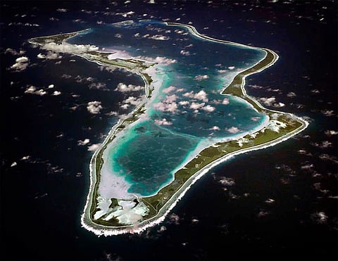 This image realeased by the U.S. Navy shows an aerial view of Diego Garcia.