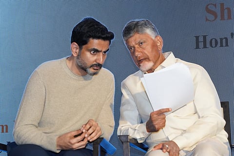 CM Nara Chandrababu Naidu, minister for IT Nara Lokesh during the Telugu diaspora meeting in Zurich.