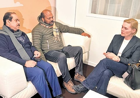 Minister P Rajeeve and Additional Chief Secretary (Industries)
A P M Mohammed Hanish meeting Malgorzata Mroczkowska-Horne, Director General of the Polish Confederation Lewiatan on the sidelines of the World Economic Forum annual meeting in Davos