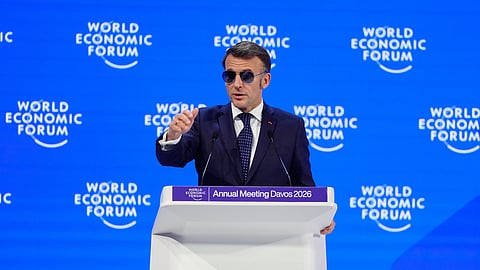 French President Emmanuel Macron speaks during the Annual Meeting of the World Economic Forum in Davos, Switzerland, Tuesday, Jan. 20, 2026.