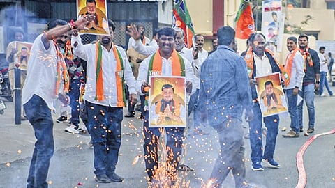 BJP workers celebrate Nitin Nabin’s elevation as party national president in Chikkamagaluru on Tuesday.