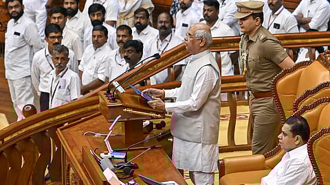 Kerala Governor Rajendra Vishwanath Arlekar addresses legislators in the Kerala Assembly on the first day of the Budget session, in Thiruvananthapuram, Tuesday, Jan. 20, 2026.