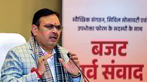 Rajasthan Chief Minister Bhajan Lal Sharma speaks during a meeting in Jaipur.