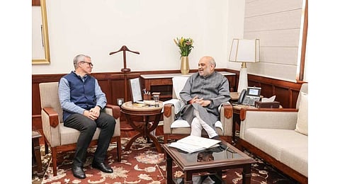 Jammu and Kashmir CM Omar Abdullah with Union home minister Amit Shah in New Delhi on Monday.