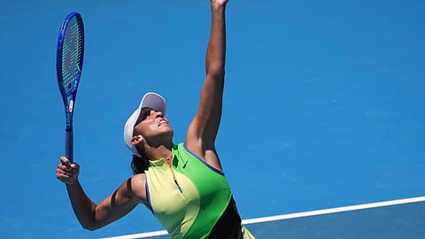 Madison Keys of the U.S. serves to Oleksandra Oliynykova of Ukraine during their first round match at the Australian Open tennis championship in Melbourne, Australia, Tuesday, Jan. 20, 2026.