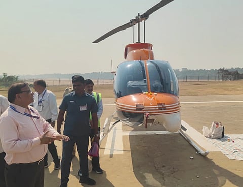 Srikakulam: District collector Swapnil Dinkar launching the Heli ride service at the Dutch building as a part of seven-day state festival of Ratha Saptami celebrations at Arasavilli.