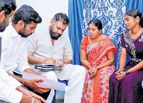 Deputy Chief Minister Pawan Kalyan consoling the family members of party worker Chandu Veeravenkata Vasantha Rayalu, who died in a road accident in Pedana constituency of Krishna district, on Wednesday.