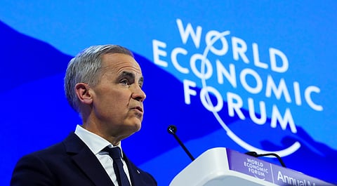 Canada Prime Minister Mark Carney delivers a speech at the World Economic Forum in Davos, Switzerland on Tuesday, Jan. 20, 2026.