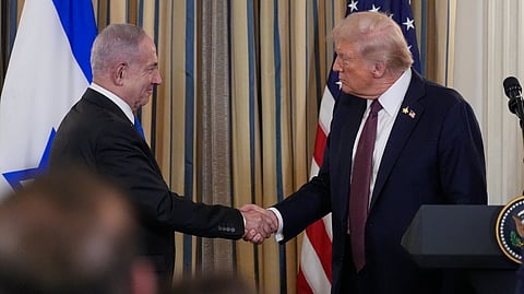 Israel's Prime Minister Benjamin Netanyahu shakes hands with President Donald Trump after a news conference in the State Dining Room of the White House, Monday, Sept. 29, 2025, in Washington.