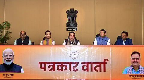 Rajasthan Cabinet Minister Jogaram Patel addresses a press conference in Jaipur on Wednesday, Jan. 22, 2026.