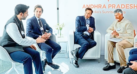 CM Nara Chandrababu Naidu, Minister Nara Lokesh during meeting with executive chairman of ArcelorMittal Lakshmi Mittal in Davos.