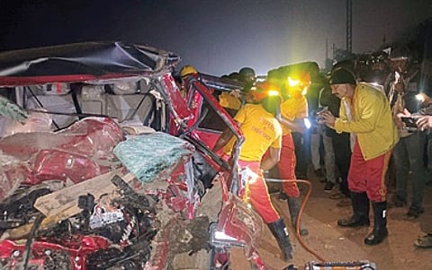 The mangled SUV after the accident