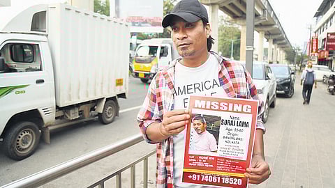 Santon Lama, son of Suraj Lama, who went missing in Kochi after being deported from Kuwait, searching for his father near Pathadipalam metro station/