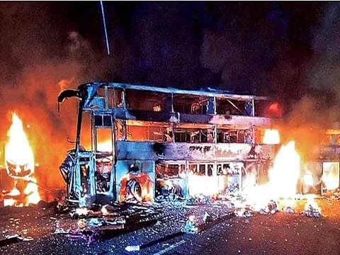The impact of the collision was so intense that the bus immediately caught fire.
