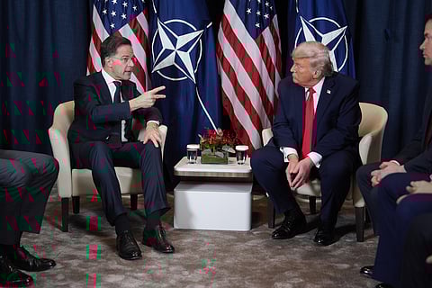 President Donald Trump, right, meets with NATO Secretary General Mark Rutte during a meeting on the sidelines of the Annual Meeting of the World Economic Forum in Davos, Switzerland, Wednesday, Jan. 21, 2026.