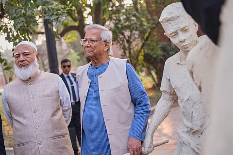 Head of Bangladesh's interim government Muhammad Yunus, center, with Bangladesh Jamaat-e-Islami party leader Ameer Shafiqur Rahman, inaugurate the July Uprising Memorial Museum, once the official residence of Bangladesh's ousted Prime Minister Sheikh Hasina, in Dhaka, Bangladesh, Tuesday, Jan. 20, 2026.