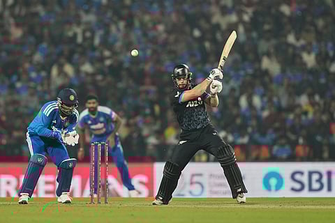 New Zealand's Glenn Phillips plays a shot during the first T20 cricket match between India and New Zealand in Nagpur, India, Wednesday, Jan. 21, 2026.