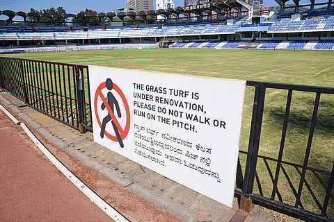 A barricade placed off the turf of the Sree Kanteerava Stadium in Bengaluru