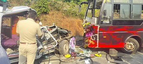 The accident occurred on the National Highway when a private bus moving from Dharmasthala towards Karkala collided with a MUV that was heading from Kalaburagi towards Dharmasthala.