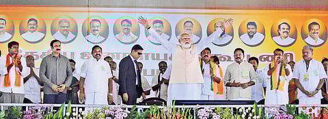 PM Narendra Modi with NDA alliance partners, including AIADMK chief Edappadi K Palaniswami, at a poll rally at Maduranthakam on Friday.