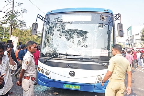 One of the Ama Buses vandalised by the mob after the accident on Friday