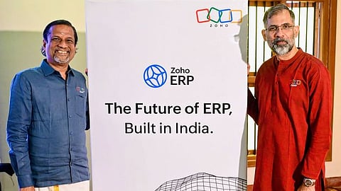 Zoho corporation's Co-founder and Chief Scientist Sridhar Vembu (left), CEO of Zoho Payment technologies Sivaramakrishnan Iswaran launching Zoho ERP platform at Kumbakonam on Friday.