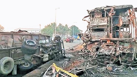 The motorbikes caught fire immediately, and flames spread to both vehicles.