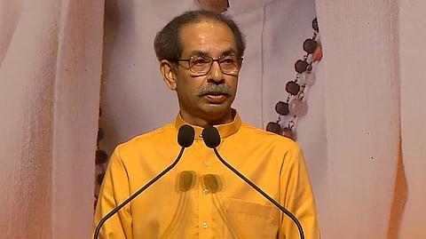 Shiv Sena (UBT) chief Uddhav Thackeray addresses a birth centenary event of his father, Bal Thackeray, in Mumbai on Friday, Jan. 23, 2026.