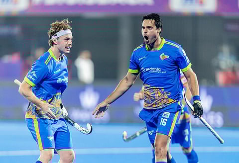 Kalinga Lancers celebrating their goal on Friday