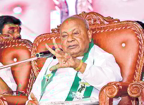 JDS supremo and former PM HD Deve Gowda addresses a convention in Hassan.