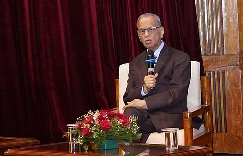 Infosys co-founder N R Narayana Murthy speaks at the book launch at IIM-B.