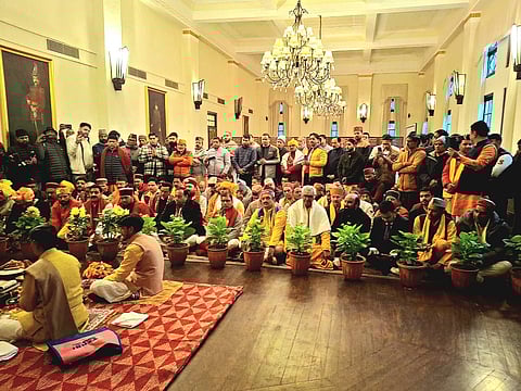 Priests carry the Gadu Ghada to the Narendranagar royal court, where the opening date of Lord Badrinath Dham was announced in keeping with tradition.
