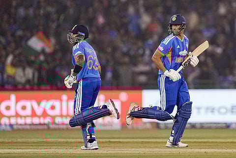 India's Suryakumar Yadav and Shivam Dube run between the wickets during the second T20I cricket match between India and New Zealand, at Shaheed Veer Narayan Singh International Cricket Stadium, in Raipur, Chhattisgarh, Friday, Jan. 23, 2026.