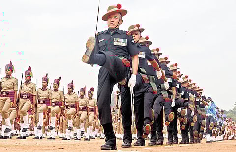 Officers during the full dress rehearsal ahead of the Republic Day parade at Field Marshal Sam Manekshaw Parade Ground in Bengaluru on Saturday.