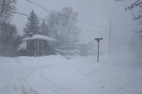 Strong winds kick up snow in Lowville, New York, on Friday, Jan. 23, 2026.