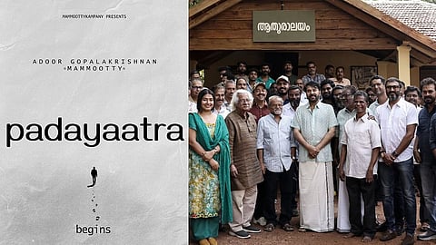 Mammootty-Adoor film Padayaatra title poster (L), still from film's launch (R)