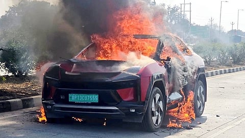 The Mahindra BE 6 EV on fire near the Kurana Toll Plaza in Uttar Pradesh.