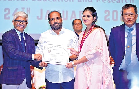 Health Minister Satya Kumar Yadav takes part in the 8th Foundation Day event at AIIMS-Mangalagiri in Guntur district on Saturday.