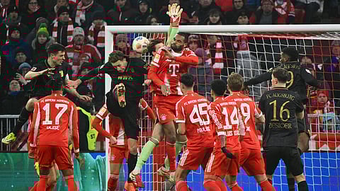 Augsburg's Arthur Chaves, 3rd left, scores their first goal of the game during the German Bundesliga soccer match between Bayern Munich and FC Augsburg in Munich, Saturday, Jan. 24, 2026.