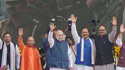 Union Home Minister Amit Shah, Uttar Pradesh Chief Minister Yogi Adityanath, Deputy CMs Keshav Prasad Maurya and Brajesh Pathak during the Uttar Pradesh Diwas at Rashtriya Prerna Sthal in Lucknow, Saturday, Jan. 24, 2026.