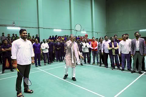 Union Minister Dharmendra Pradhan playing Badminton along with Sports minister Suryabanshi Suraj.