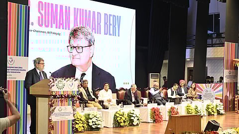NITI Aayog vice chairman Suman Bery addressing a national seminar at KISS in Bhubaneswar on Saturday.
